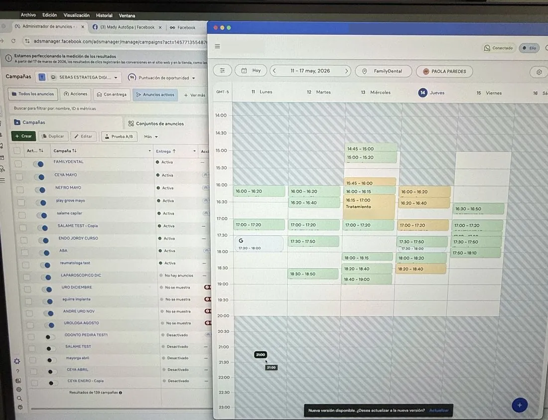 Campañas activas en el administrador de anuncios y la agenda de un consultorio llena en CitaPro