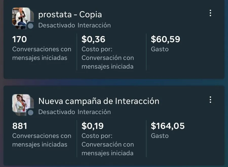 Campañas de la Dra. Andre Soria con 881 y 170 conversaciones iniciadas