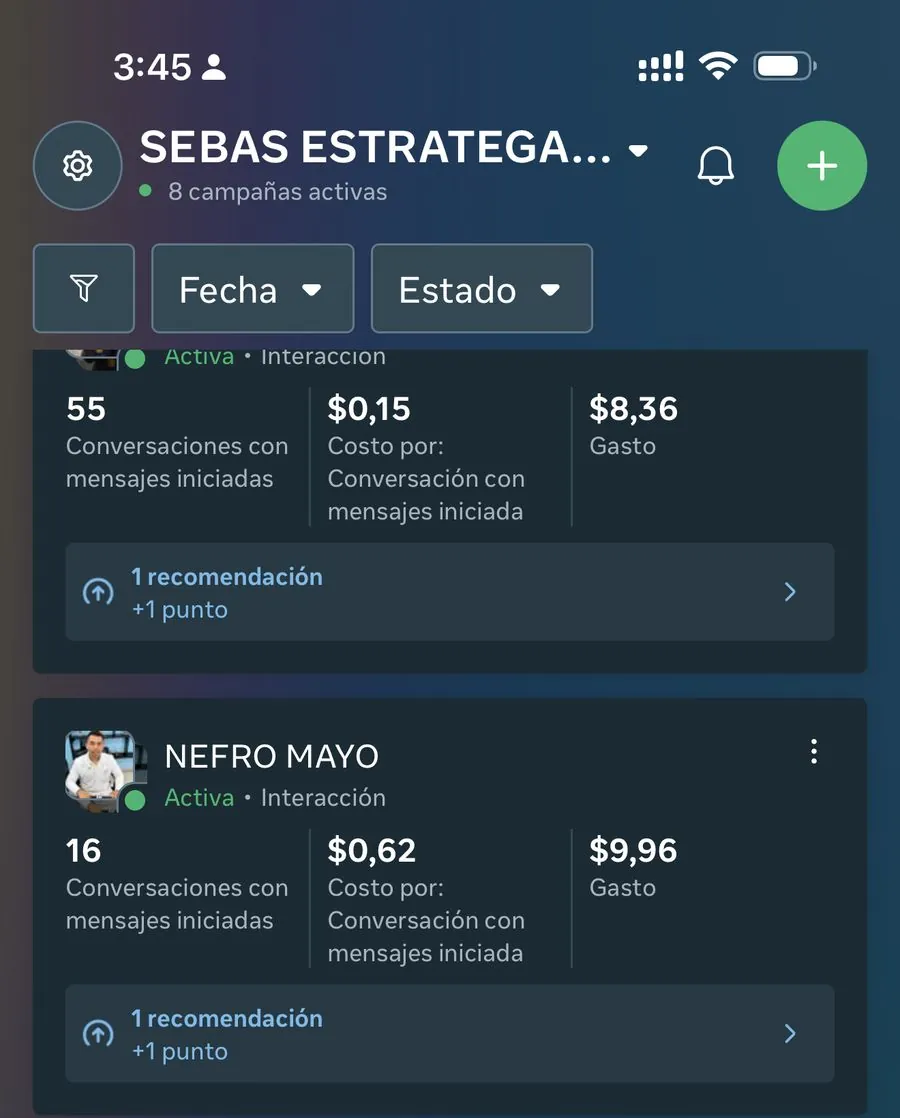 Ocho campañas activas con conversaciones iniciadas desde 0,15 dólares