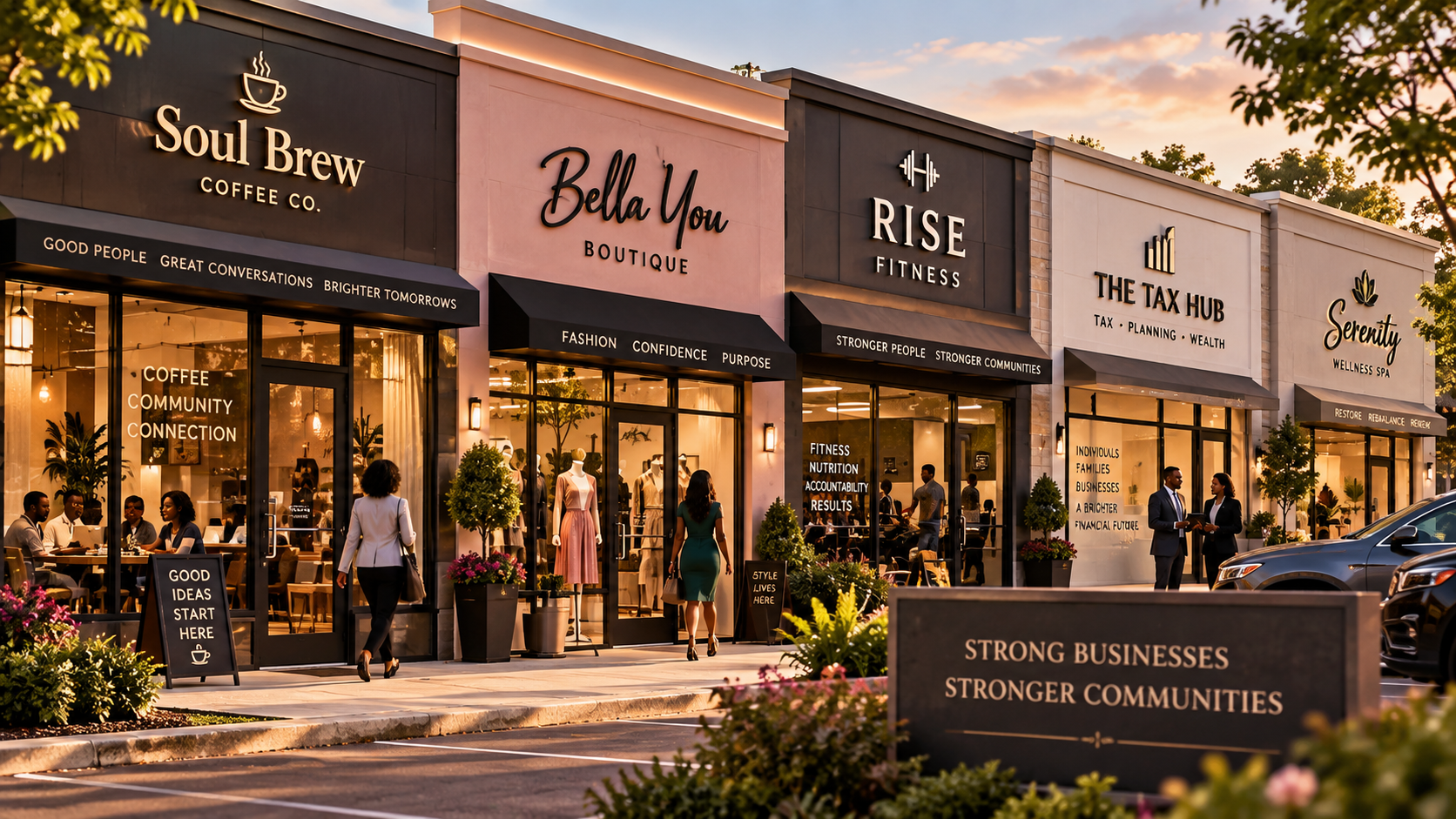 Neighborhood shopping strip with several local businesses