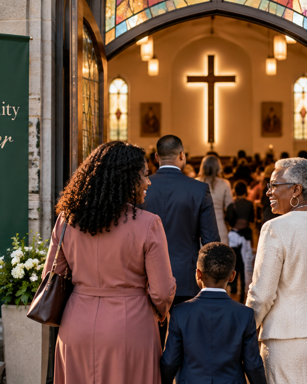Families and community members entering a welcoming church gathering