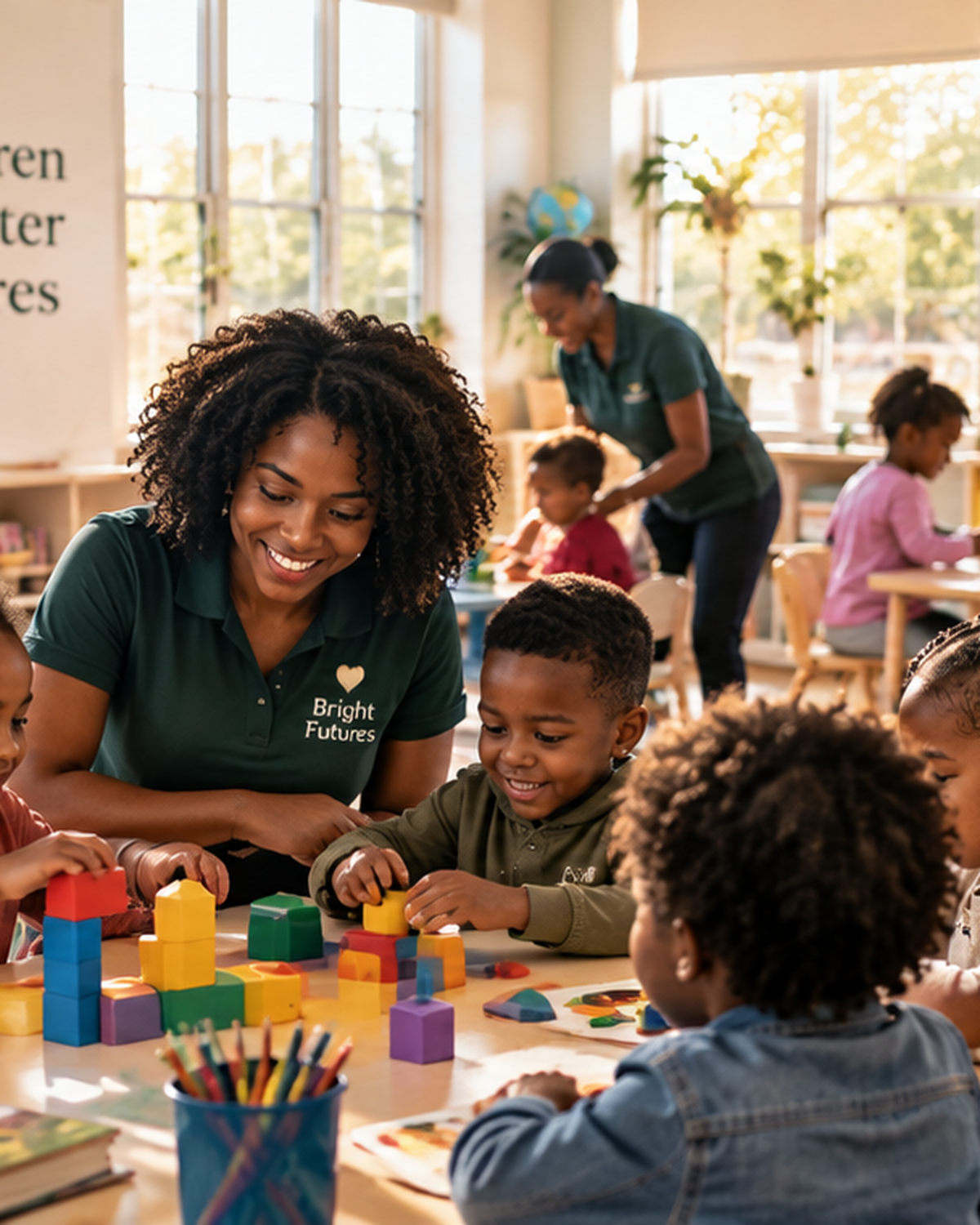 Children learning and playing in a daycare classroom with supportive staff members