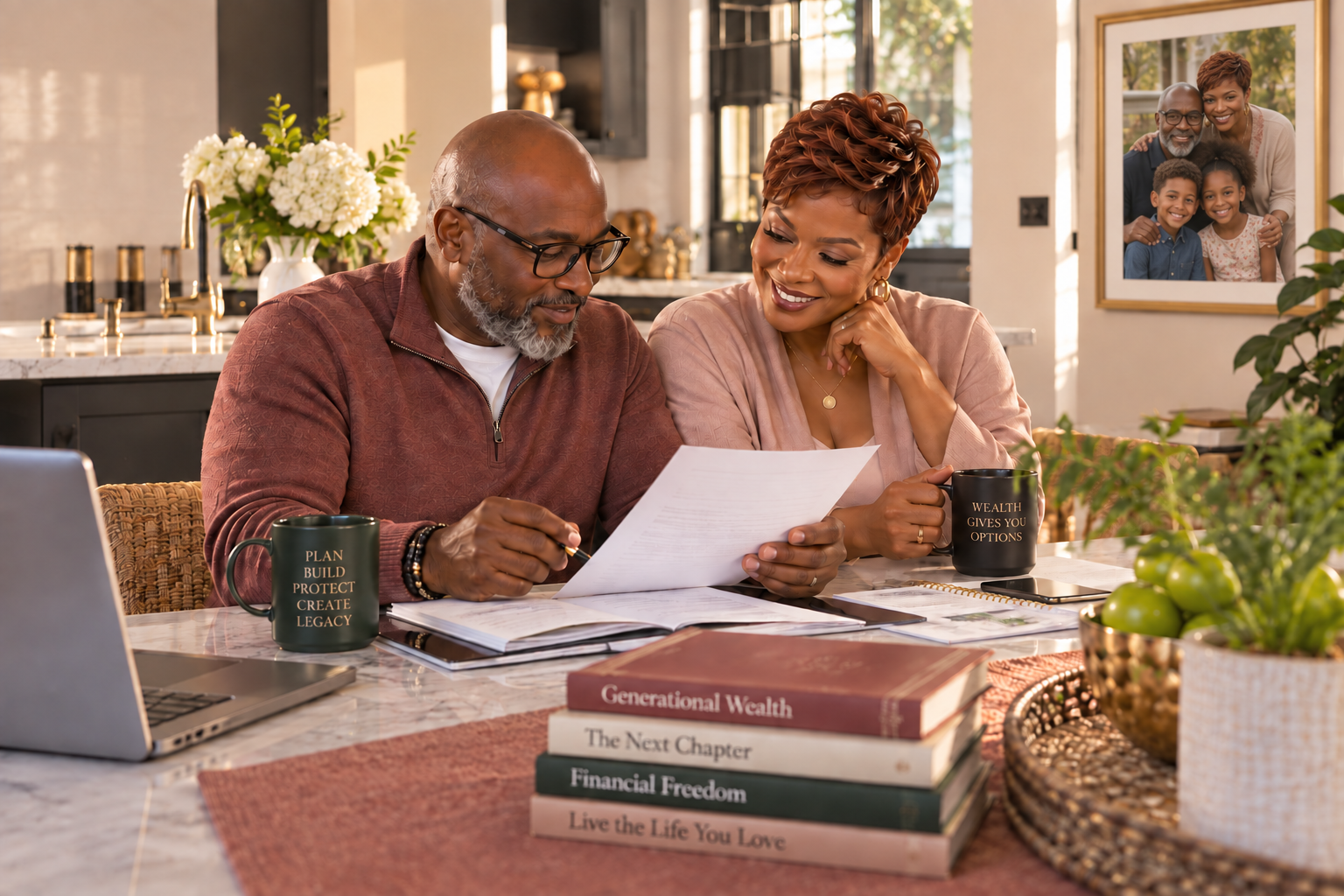 Mature couple reviewing financial information together at home