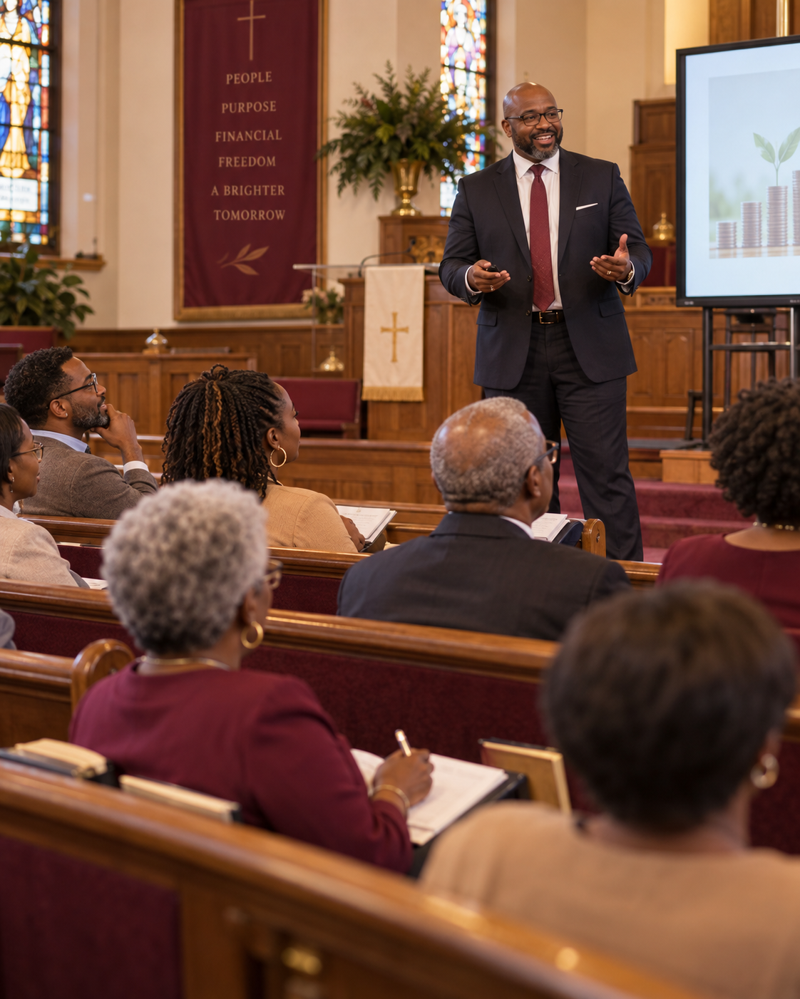 Financial education trainer speaking to adults seated in church pews
