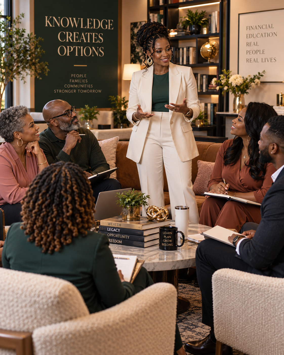 Adults participating in an engaging financial education session