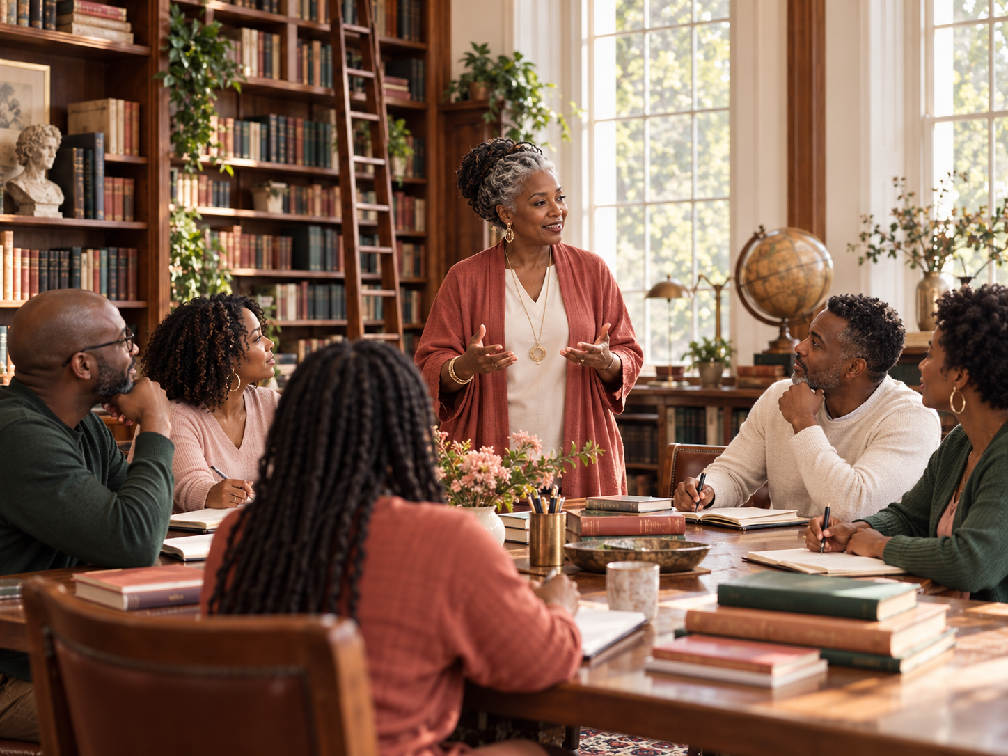 Adults participating in a financial education discussion in a library setting