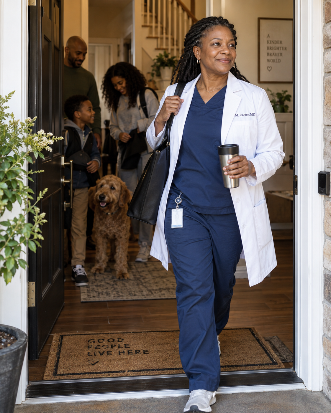 Medical professional leaving home for work while family remains in the background