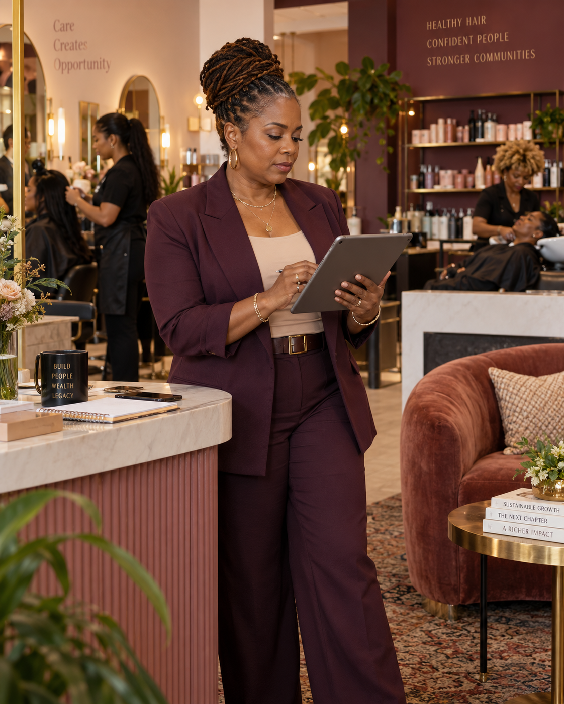 Established Black woman business owner reviewing business information inside her operating company