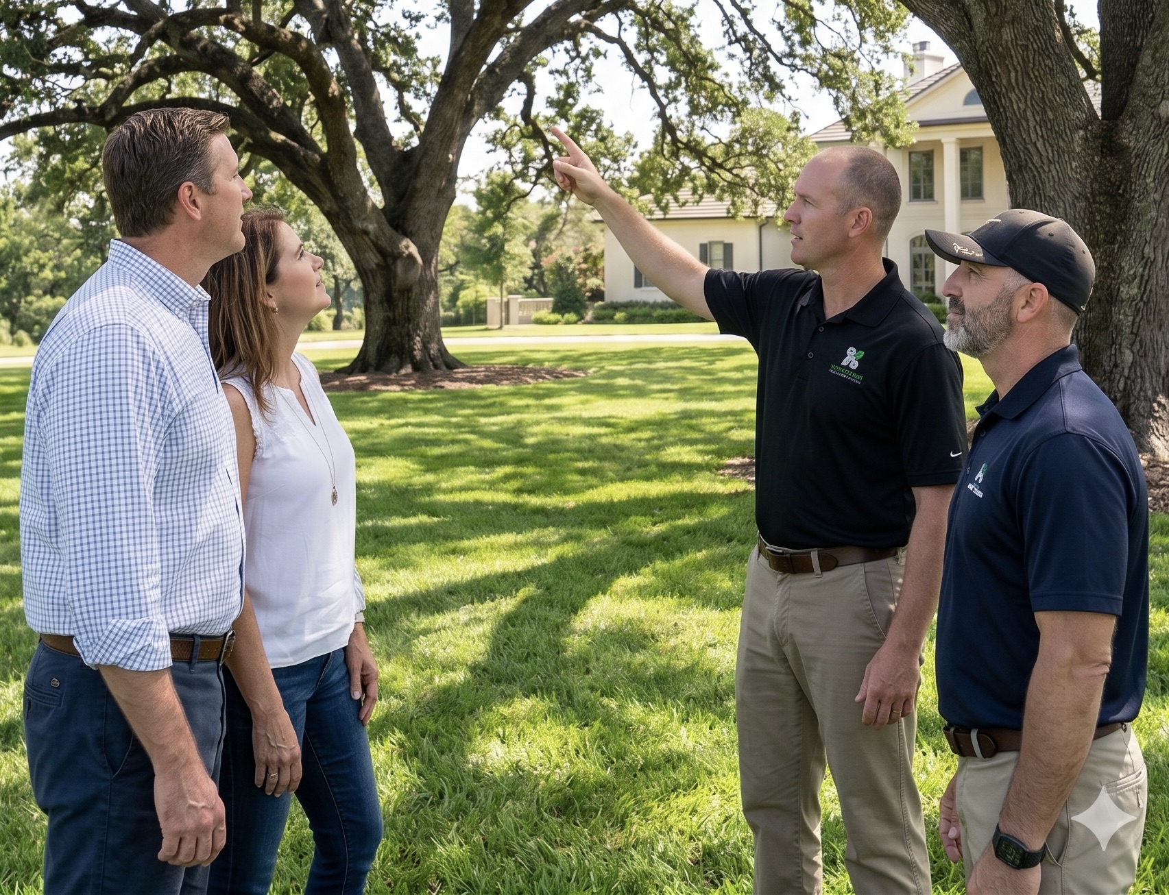 Tree service professionals consulting with clients