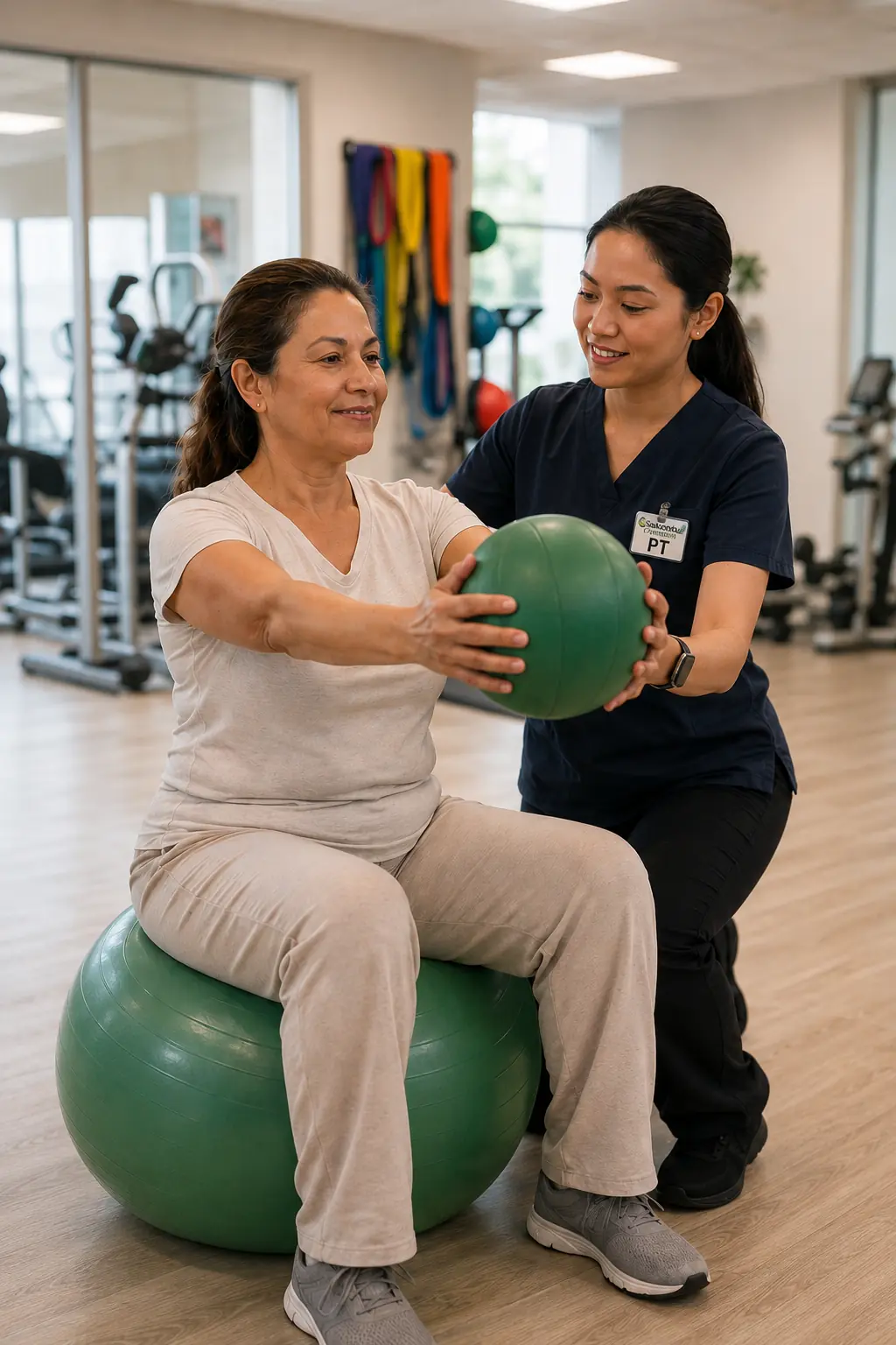 A client completing a physical therapy session with clinic staff
