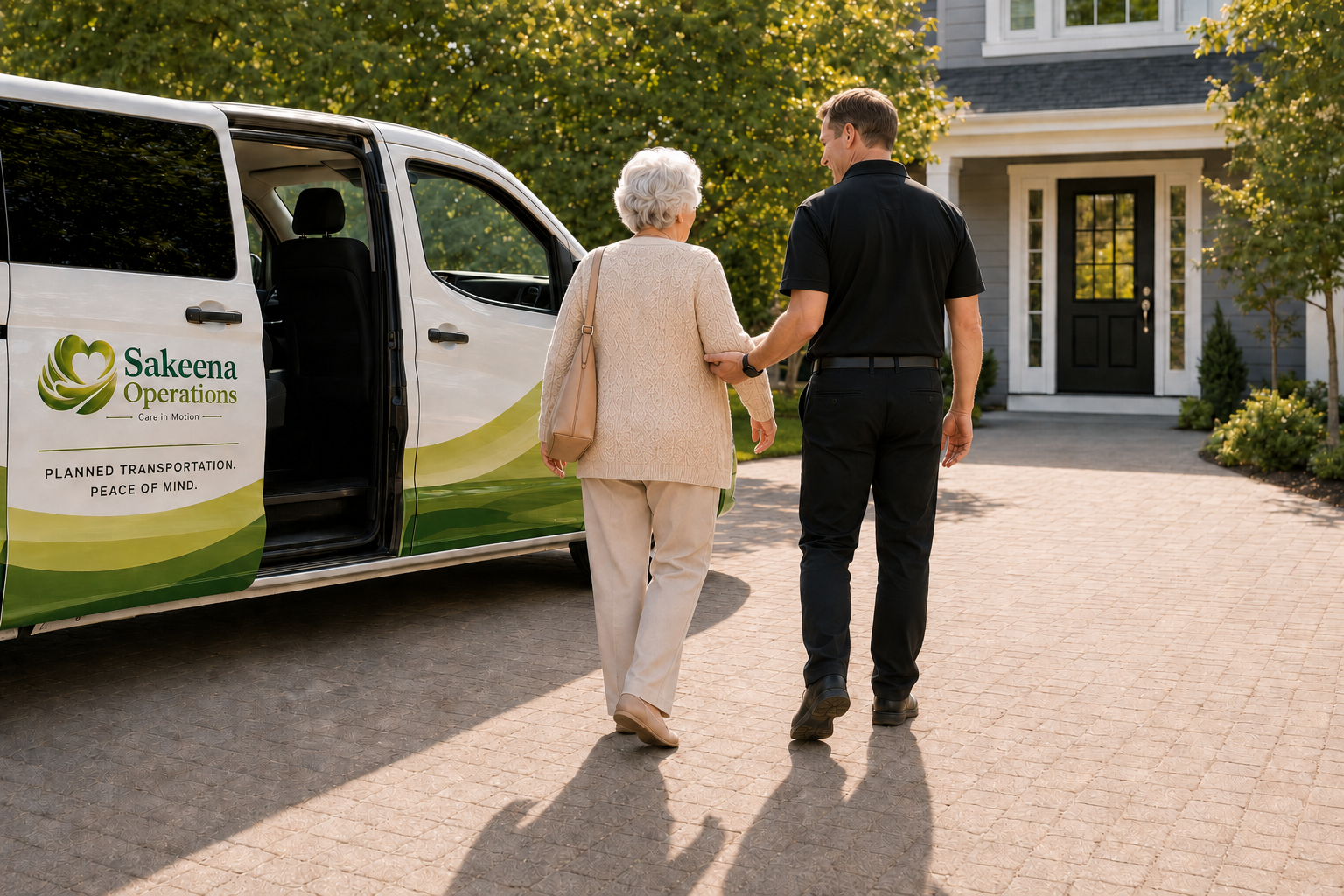 Sakeena driver providing assistance through the door, helping a client safely inside