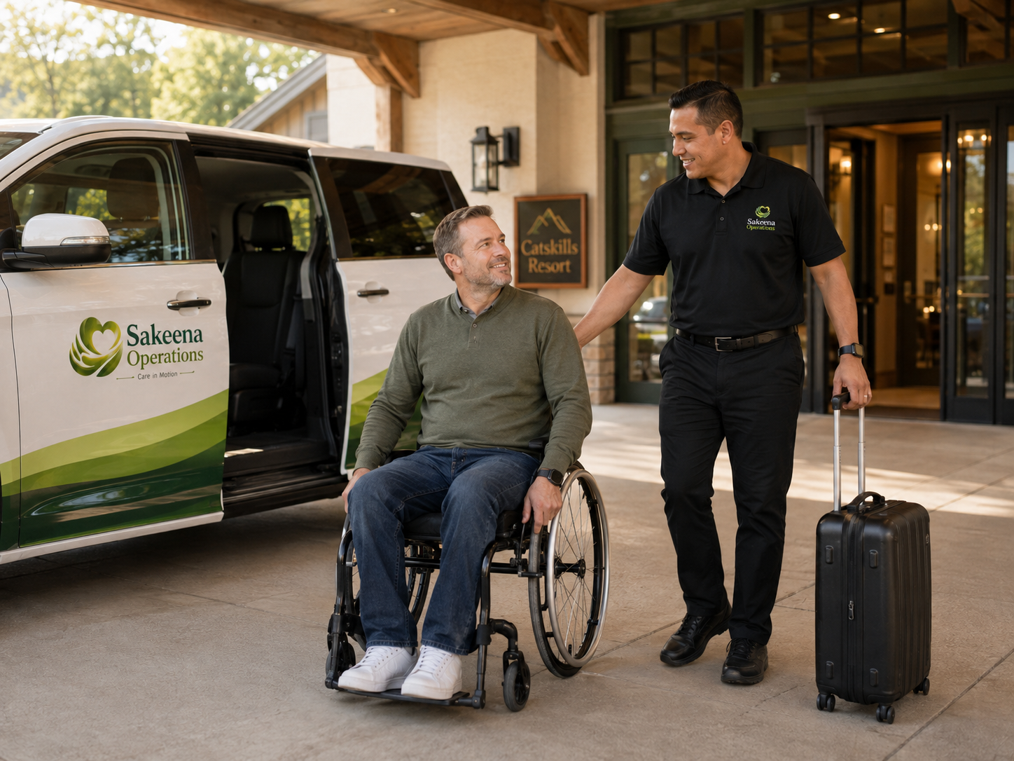 A wheelchair rider and a transportation team member outside a Catskills lodging destination