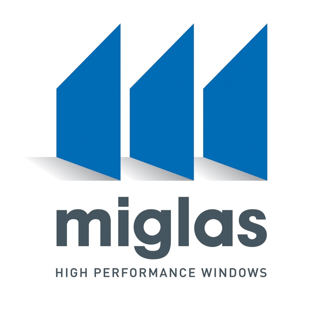 Miglas High Performance Windows logo featuring three blue, angled window panels standing upright above the word ‘miglas’ in dark grey lowercase lettering, with the tagline ‘High Performance Windows’ beneath.