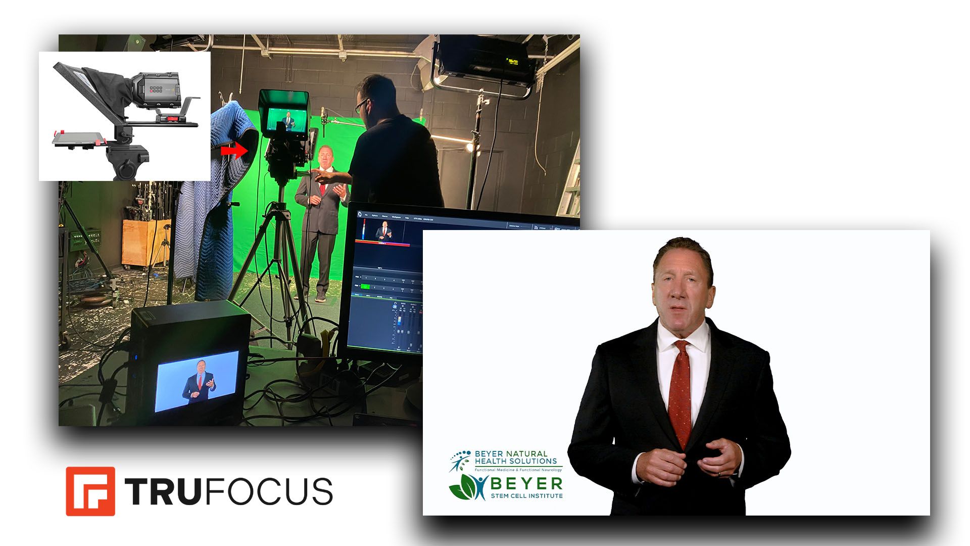 Behind-the-scenes of TruFocus filming Dr. Beyer in a teleprompter-style video shoot with green screen setup Behind-the-scenes of TruFocus filming Dr. Beyer in a teleprompter-style video shoot with green screen setup