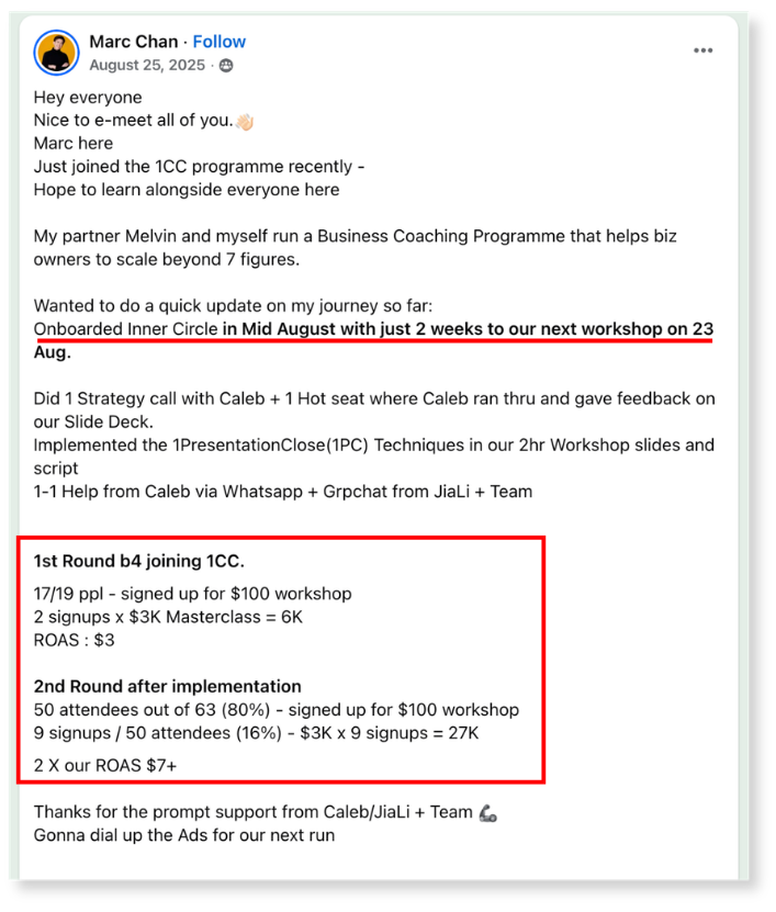 Review card from Franklin Cruz praising the workshop.