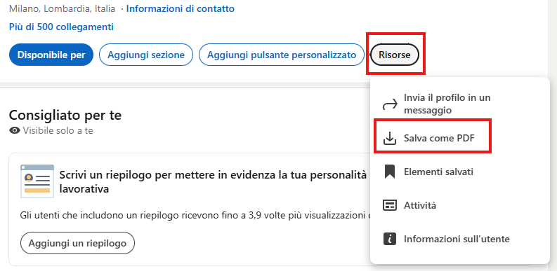 Come scaricare il PDF del profilo da LinkedIn: click su Risorse, poi Salva come PDF