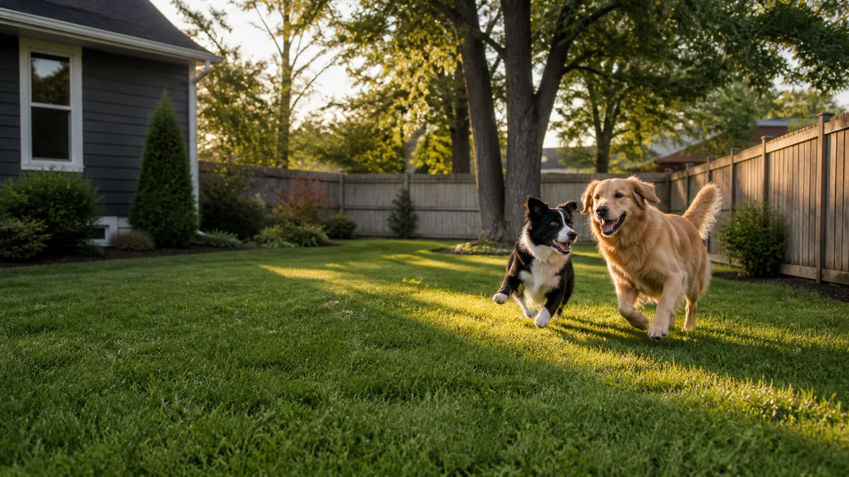 Dogs playing in a clean backyard near Fortville Indiana