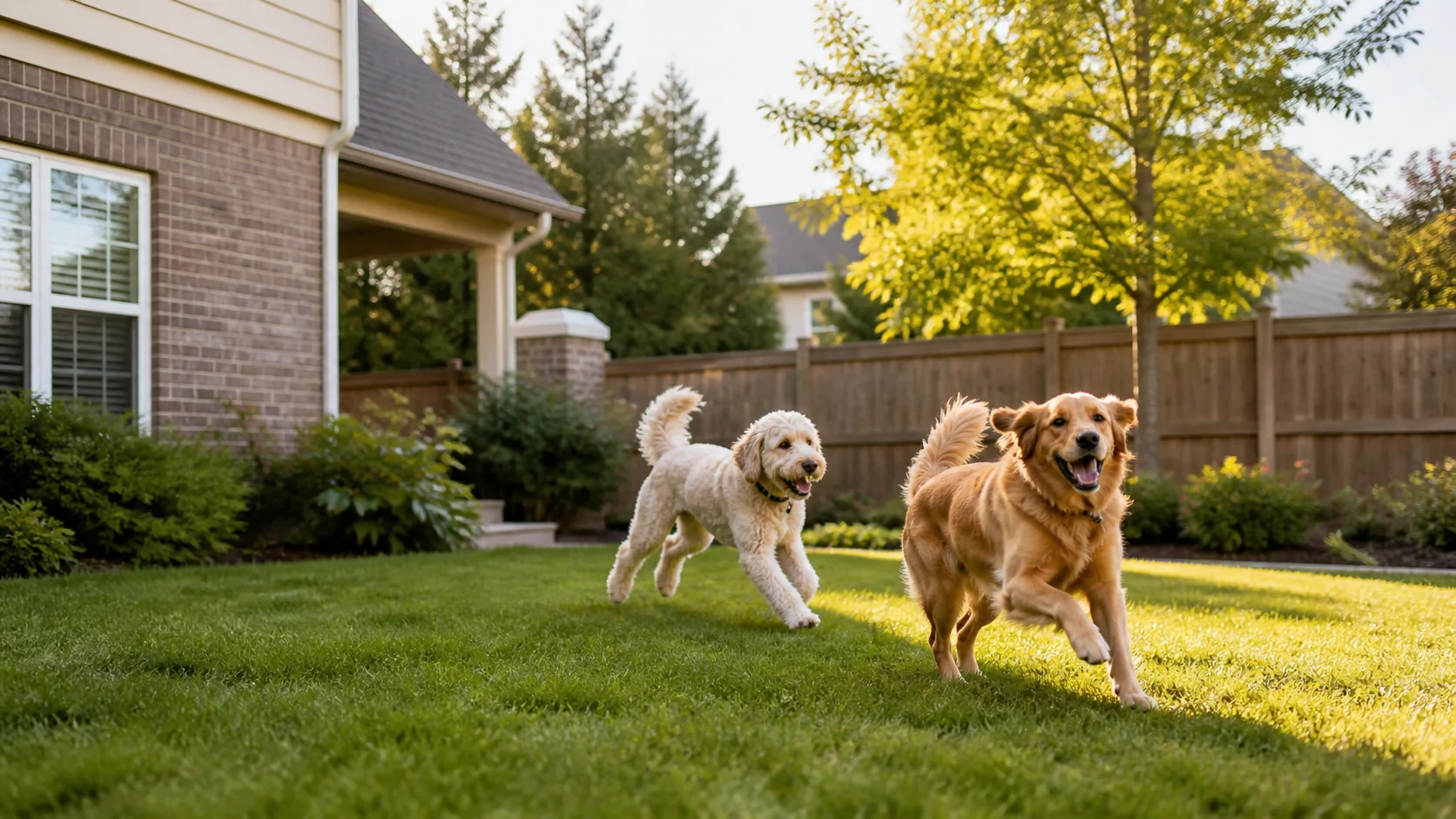 Two dogs playing in a clean fenced Greenwood Indiana backyard