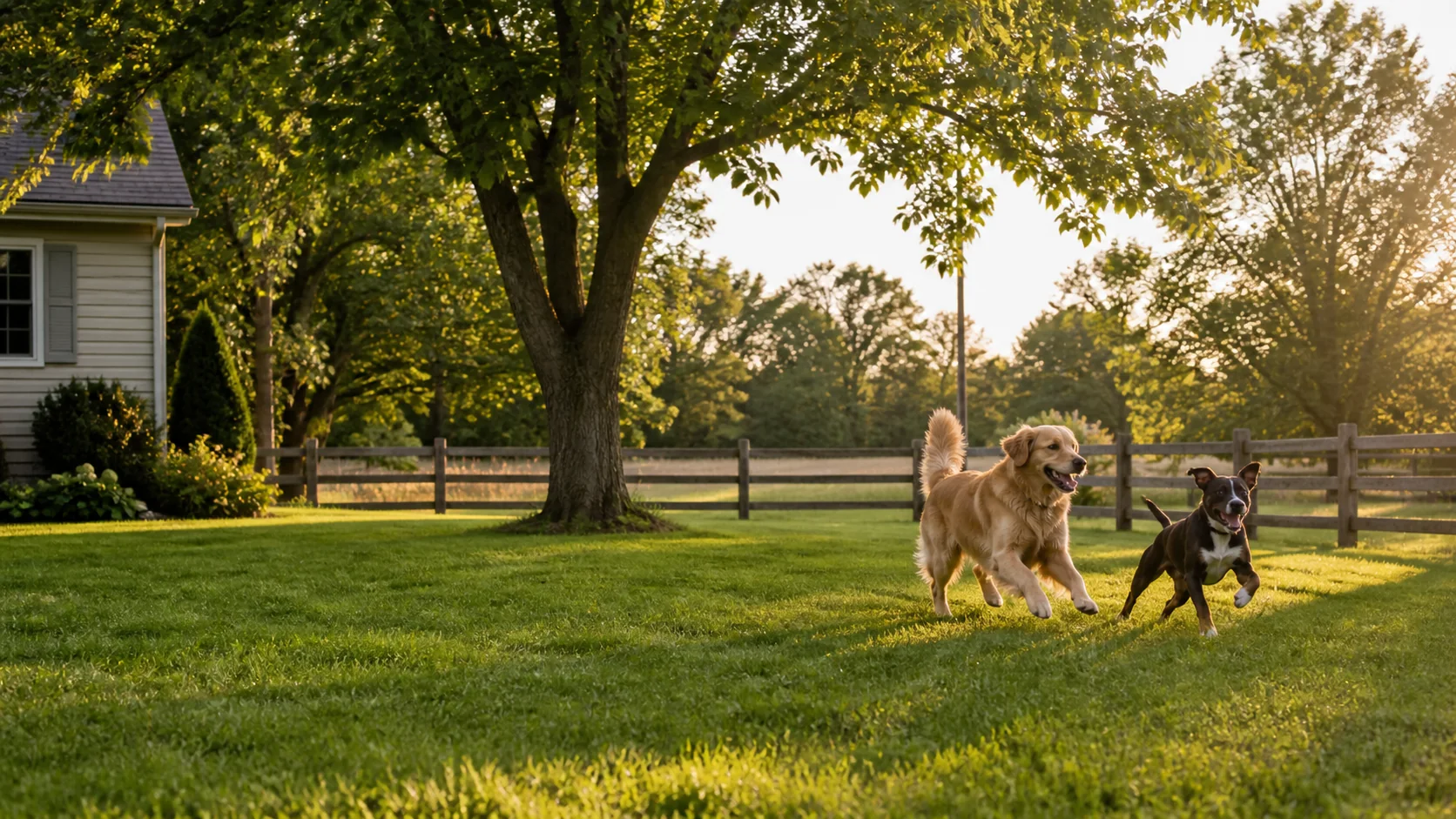 Dogs playing in a clean small-town backyard in Ingalls Indiana