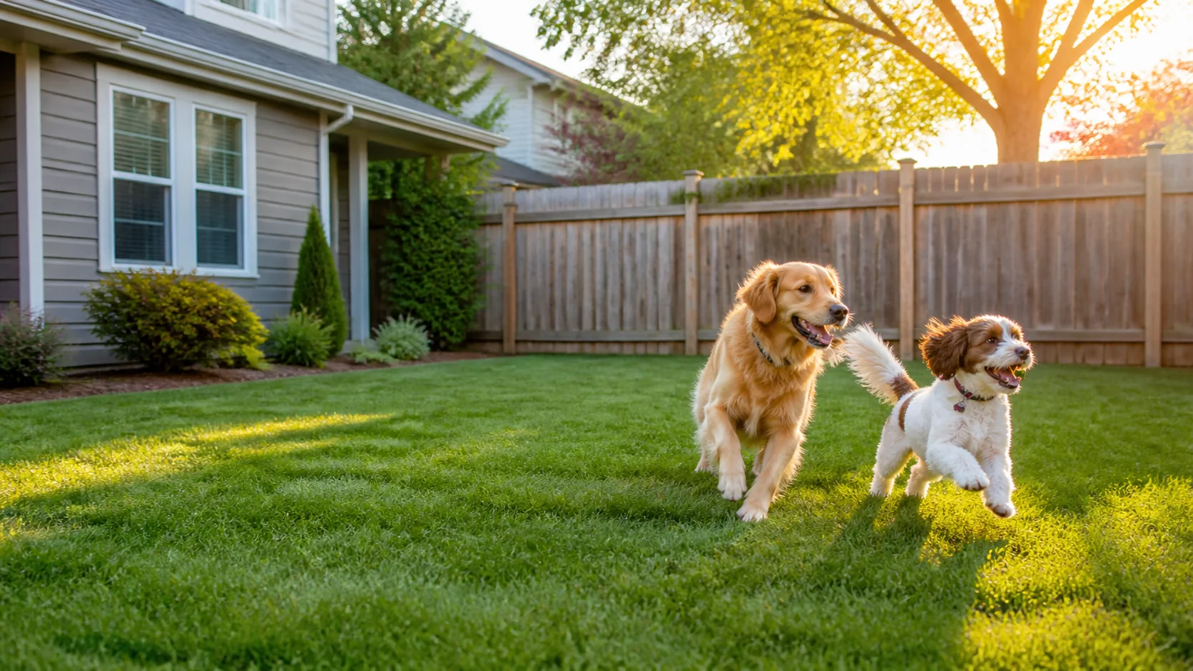 Family dogs enjoying a clean suburban backyard in Brownsburg Indiana
