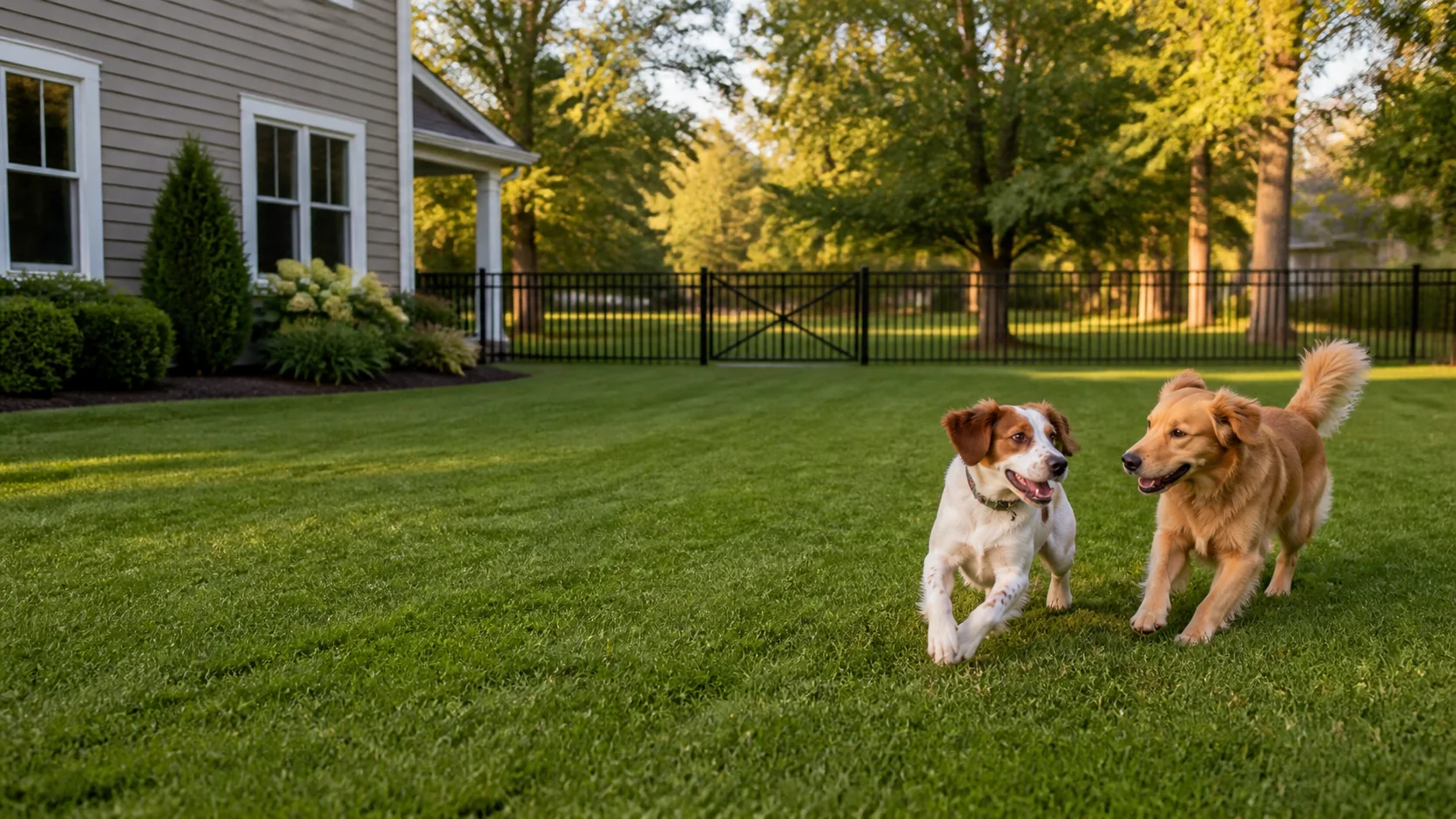 Dogs playing in a clean broad backyard in Danville Indiana