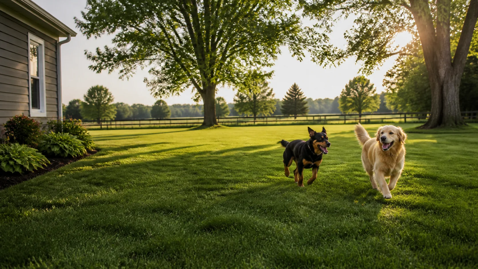 Dogs playing in a clean semi-rural backyard near Greenfield Indiana