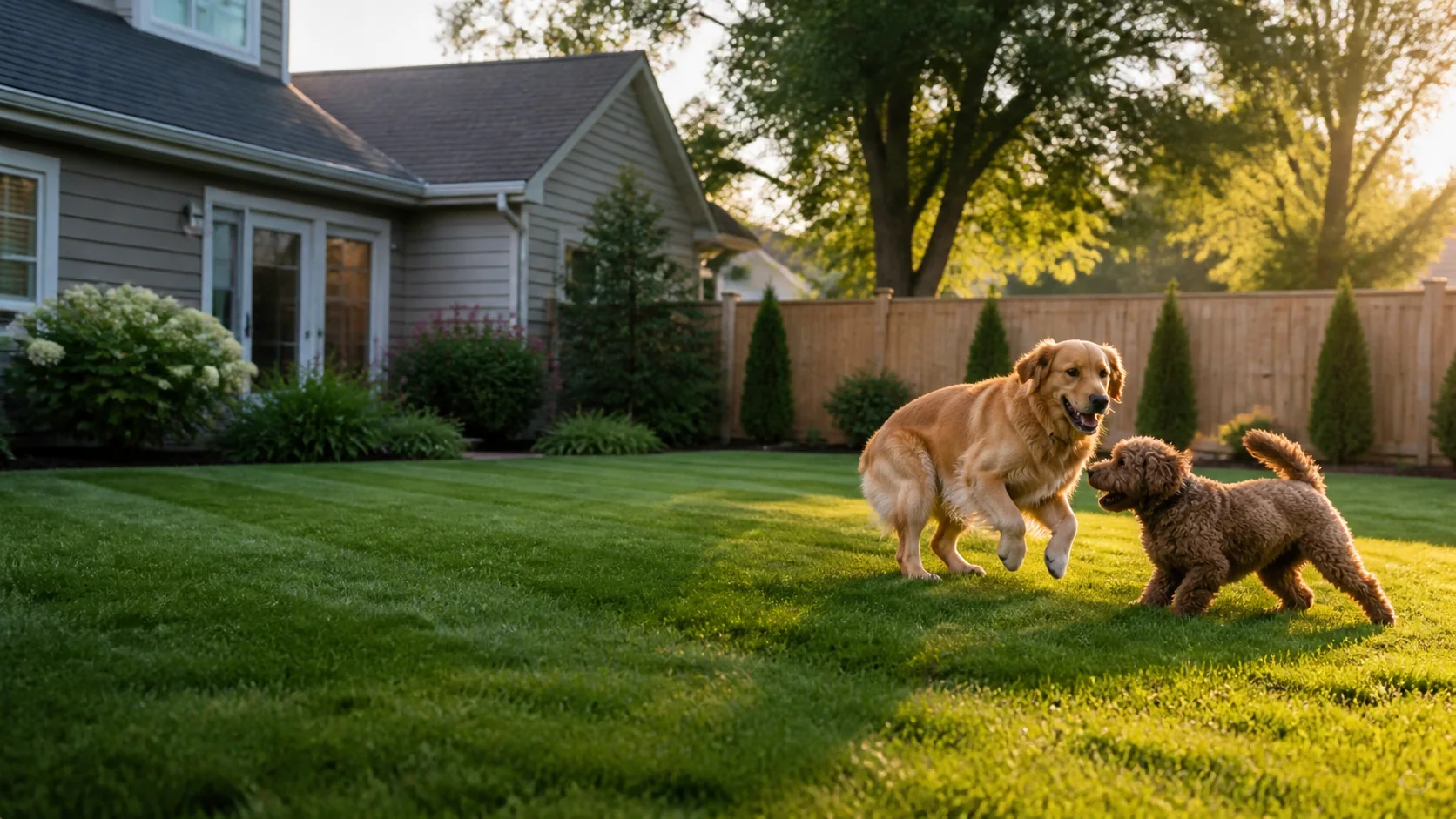 Dogs playing in a clean Central Indiana suburban backyard