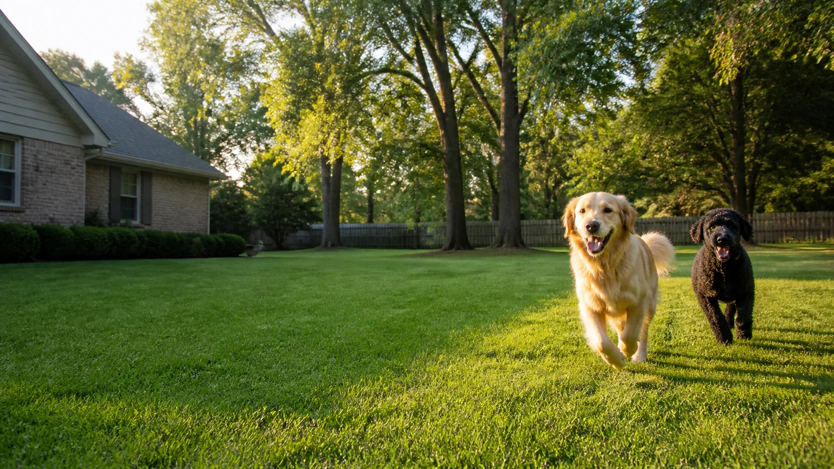 Happy dogs in a clean established backyard in Anderson Indiana