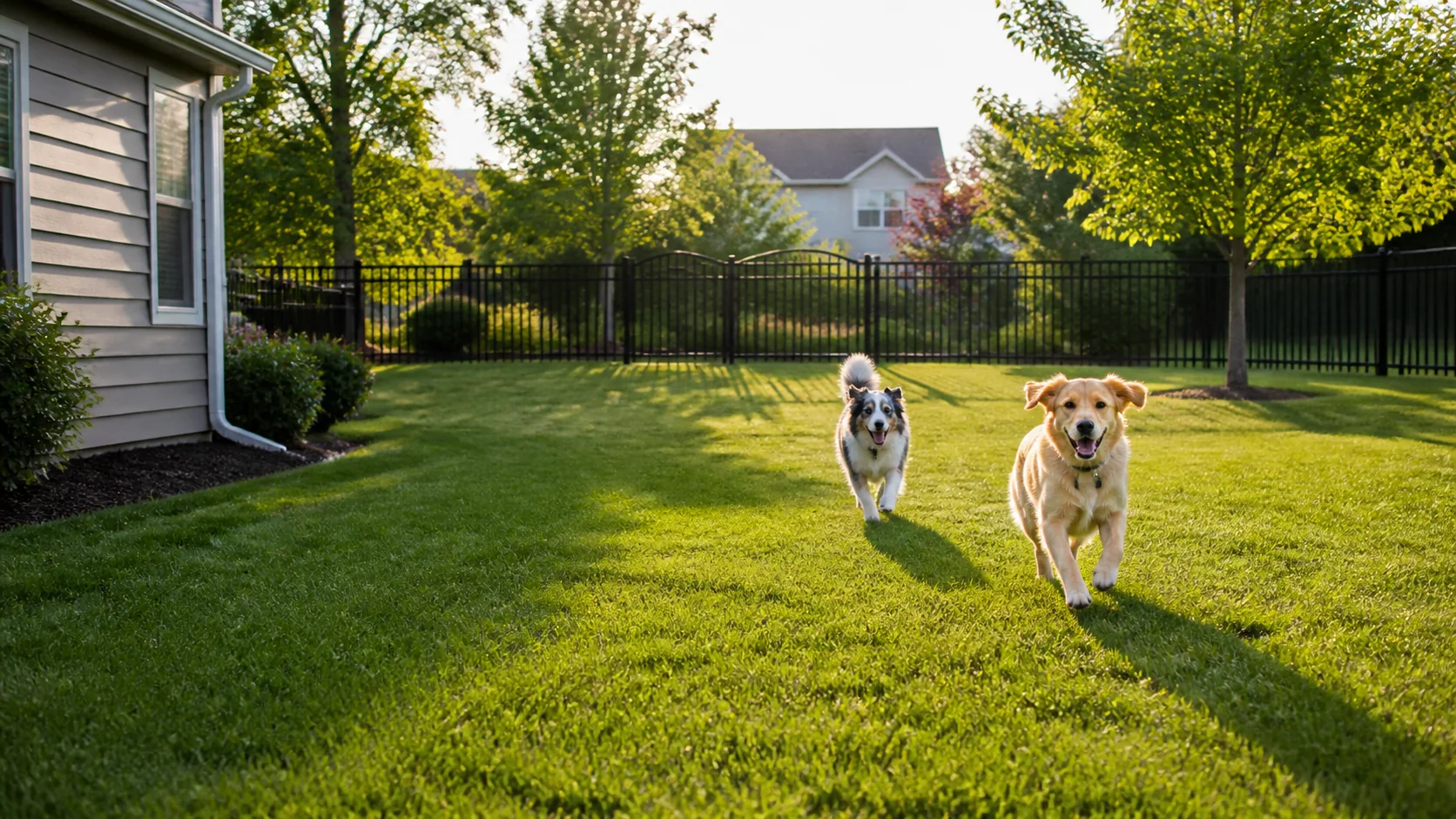 Dogs enjoying a broad clean backyard at an Avon Indiana home