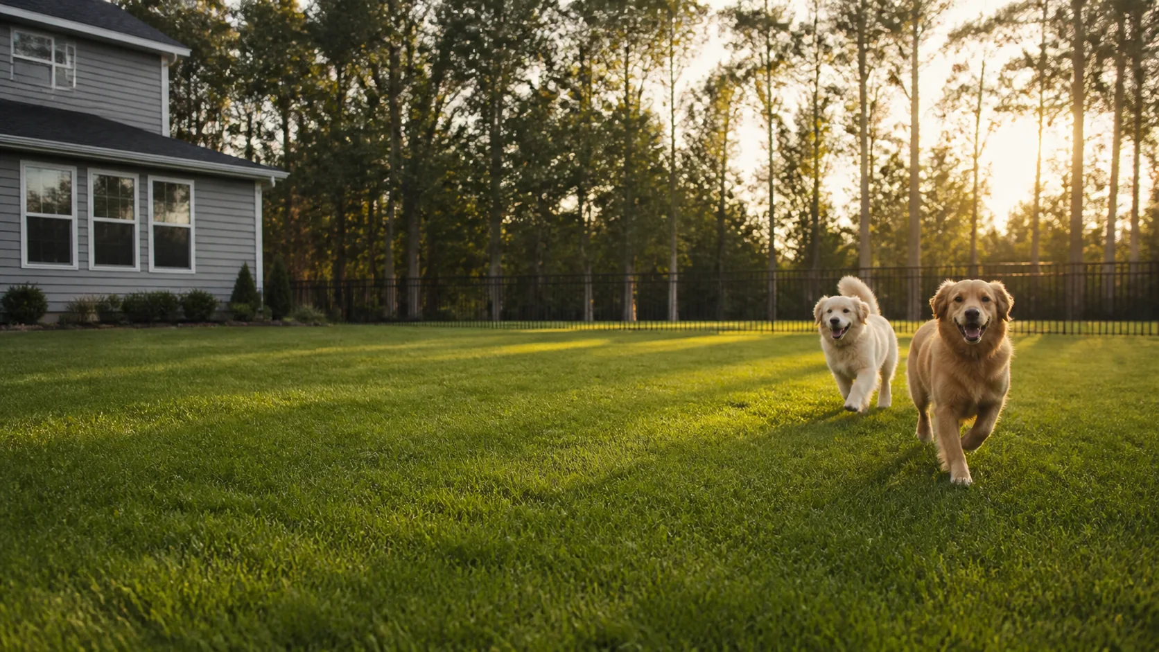 Dogs running in a clean spacious backyard in New Palestine Indiana