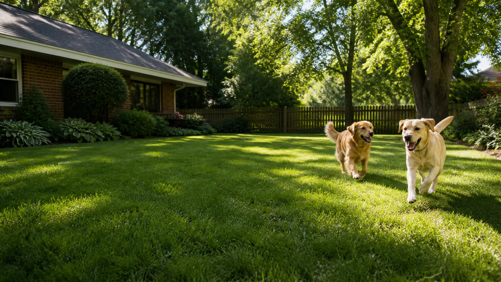 Dogs playing in a clean mature backyard in Lawrence Indiana