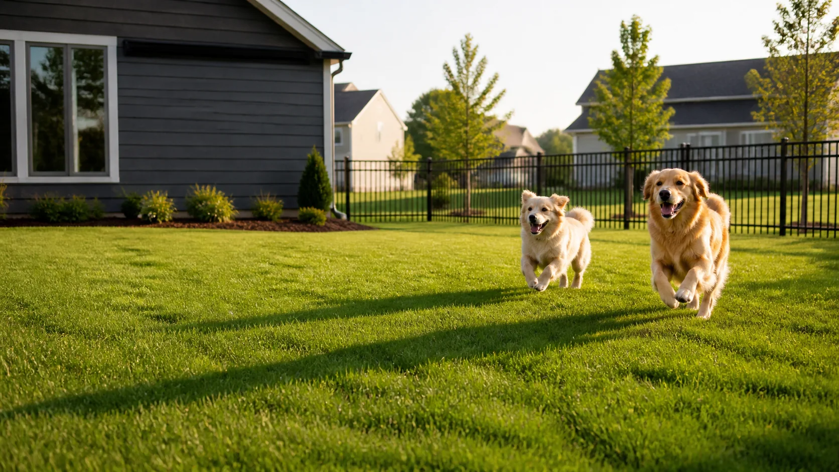 Dogs running in a spotless new-neighborhood backyard in McCordsville Indiana