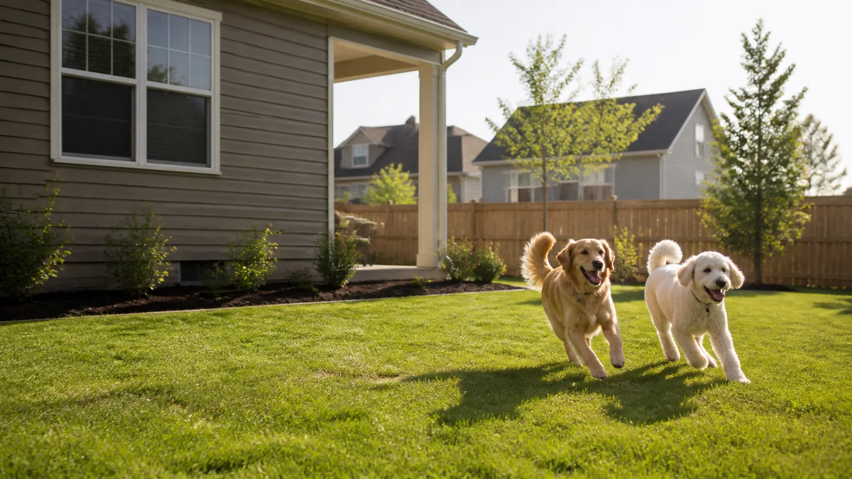 Dogs running across a clean fenced backyard in Westfield Indiana