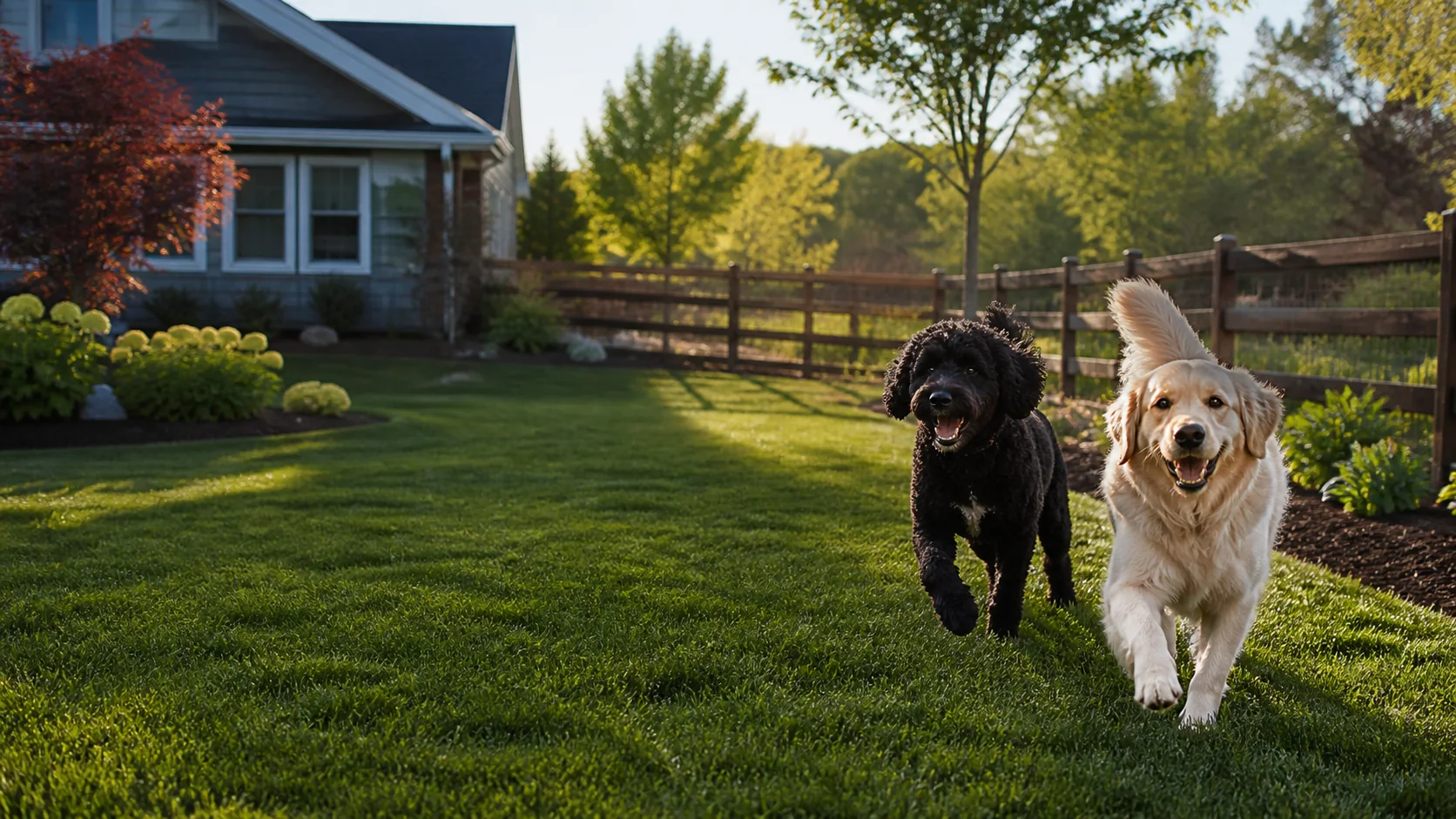 Family dogs enjoying a spotless landscaped backyard in Plainfield Indiana