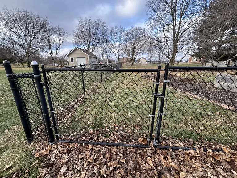 Closed chain-link backyard gate with the yard beyond.