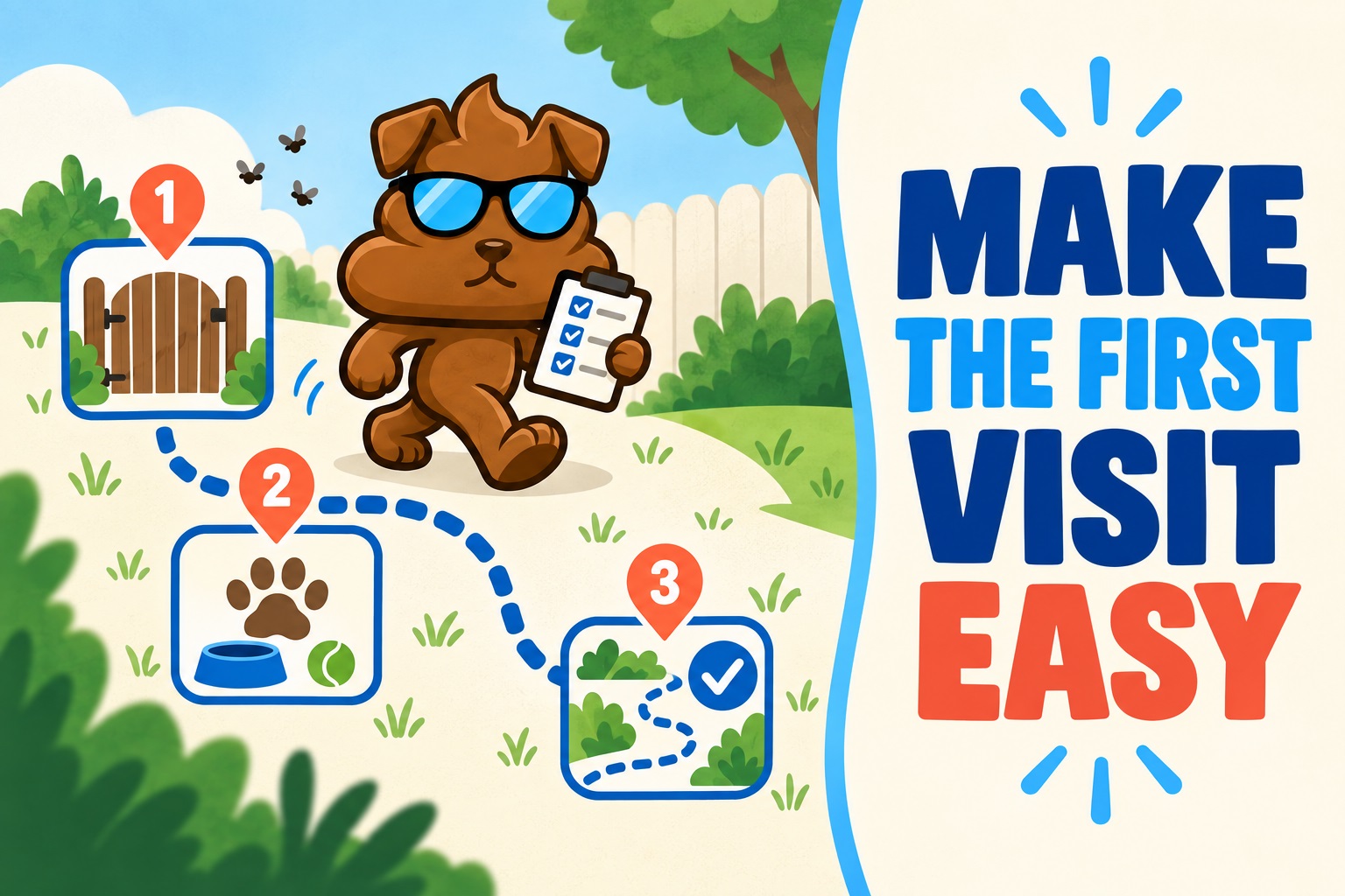 Purge Pros mascot follows a first-visit checklist with a clear gate, yard access and pet instructions.