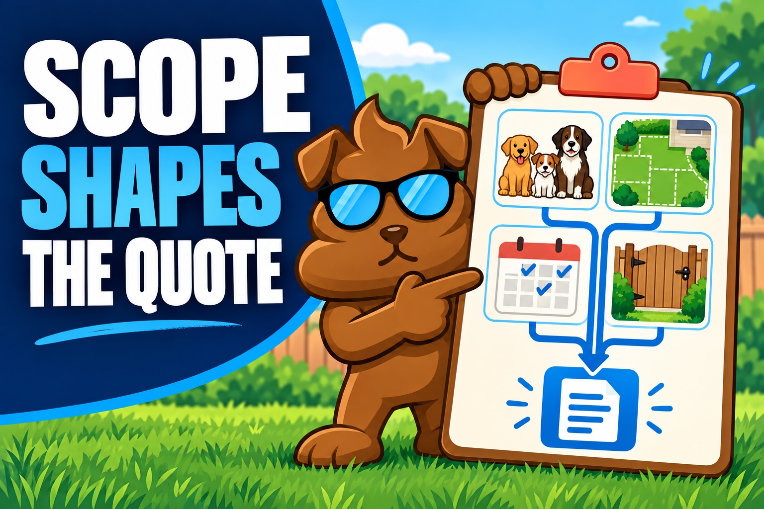 Purge Pros mascot connects dog count, yard areas and service frequency to a clear cleanup quote.