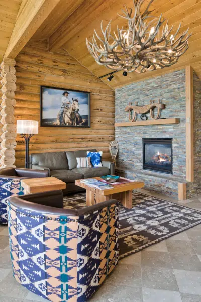 Lakeside Cabin great room with stone fireplace