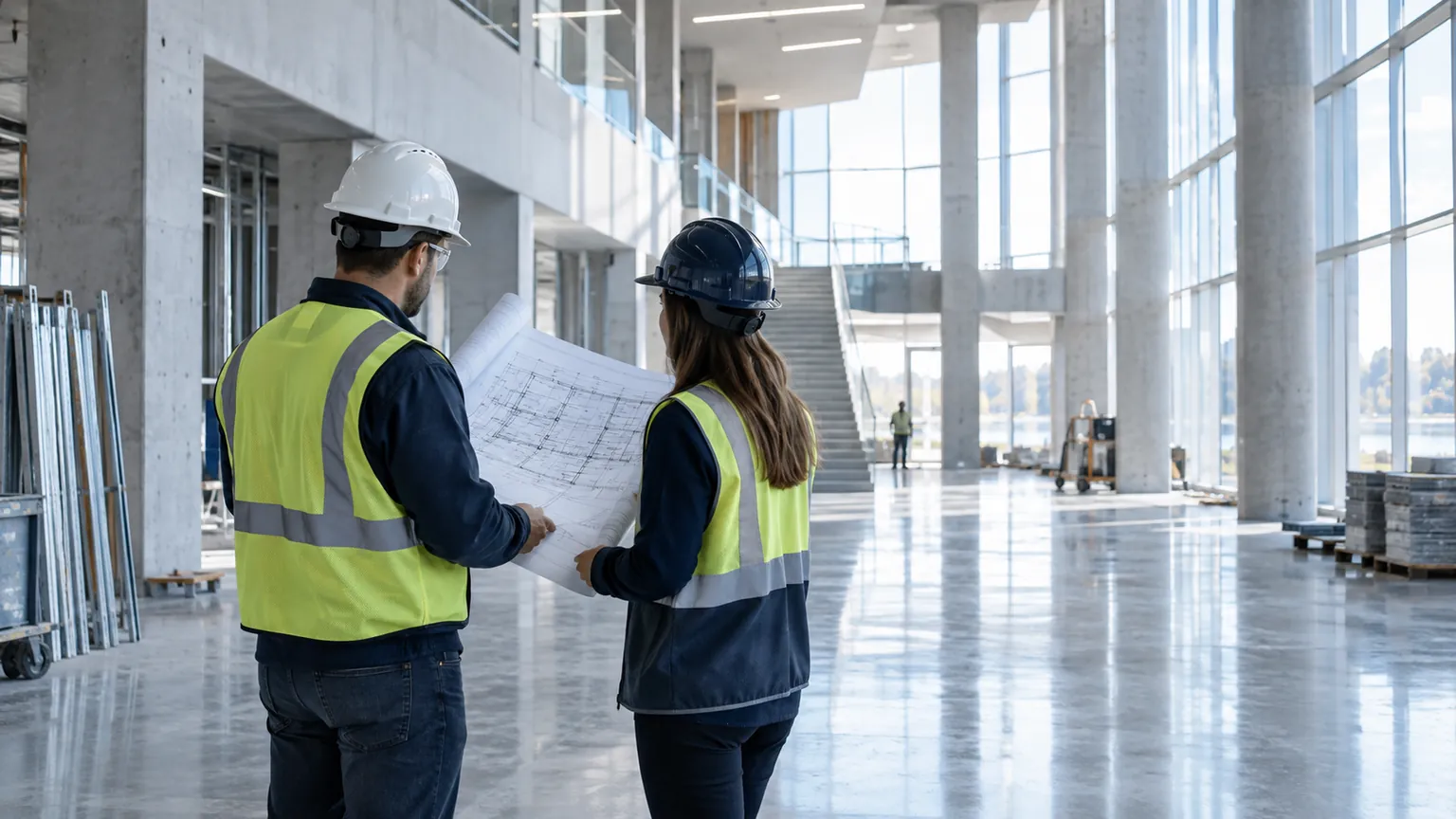 Construction professionals reviewing blueprints on an institutional site