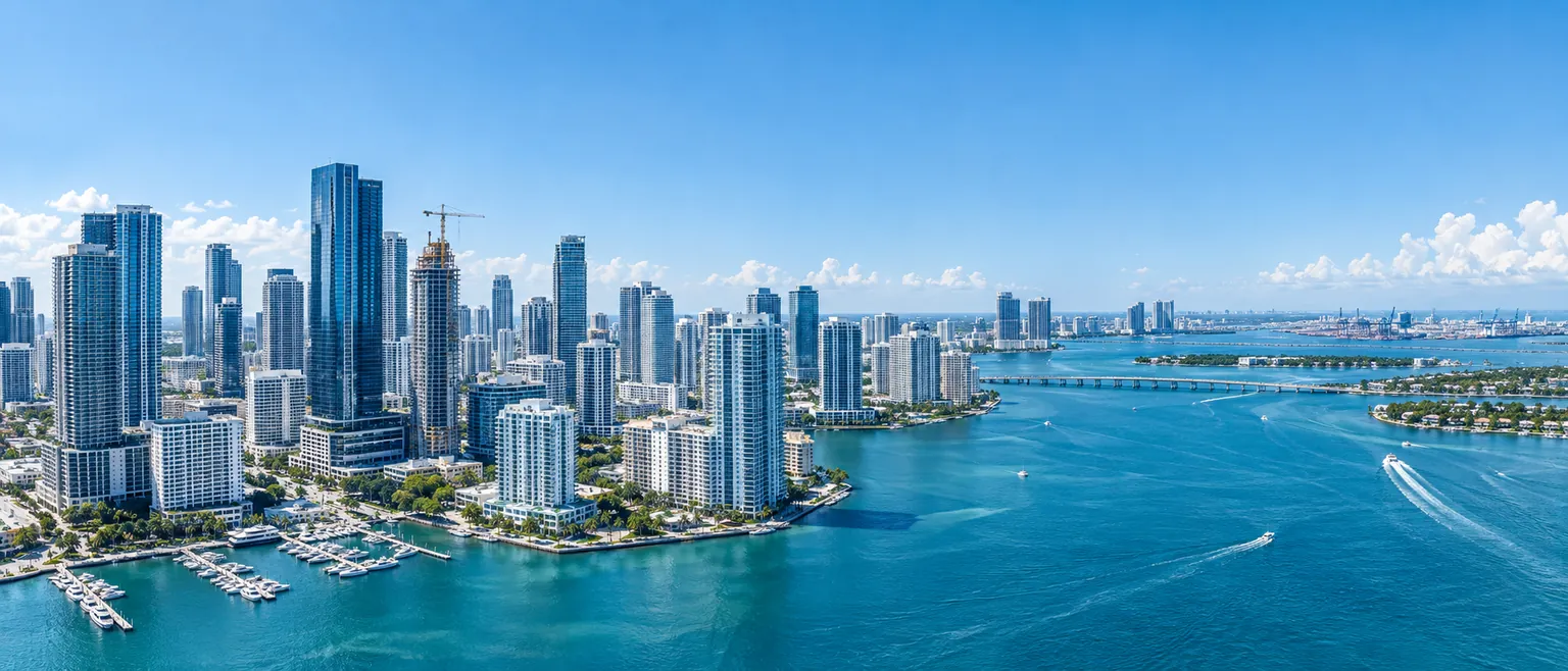 Aerial view of the Miami skyline and Biscayne Bay
