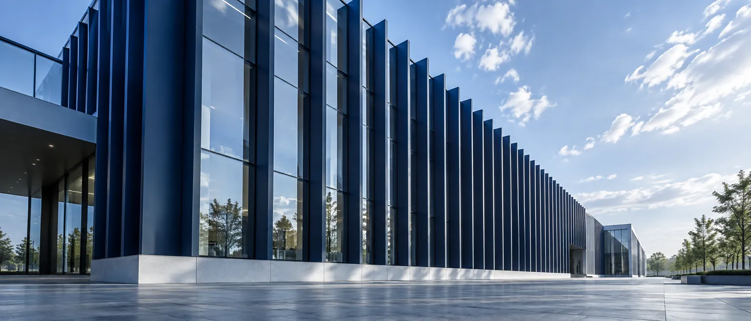 Modern institutional building facade with vertical navy fins
