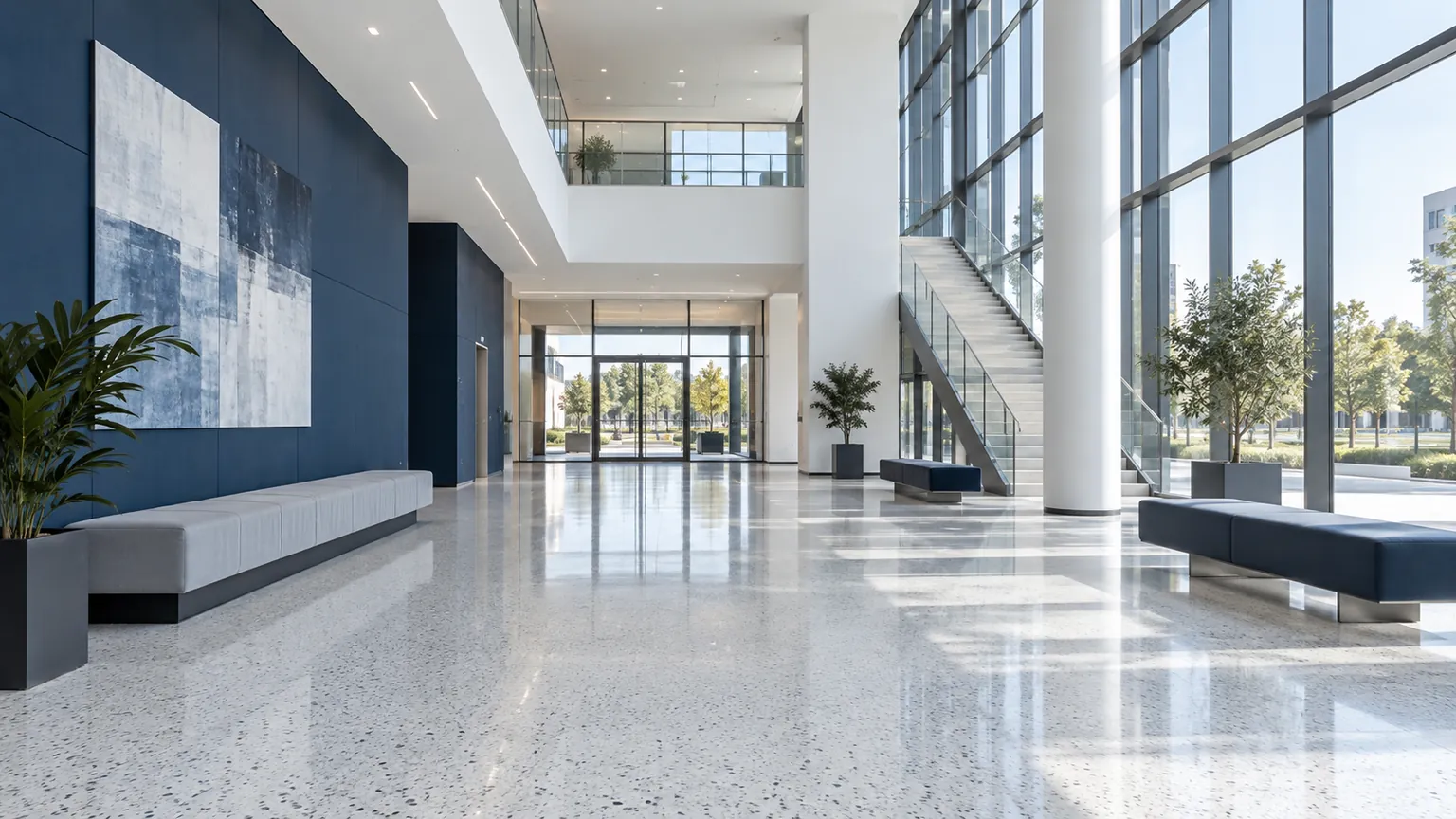 Finished institutional lobby with glass curtain wall