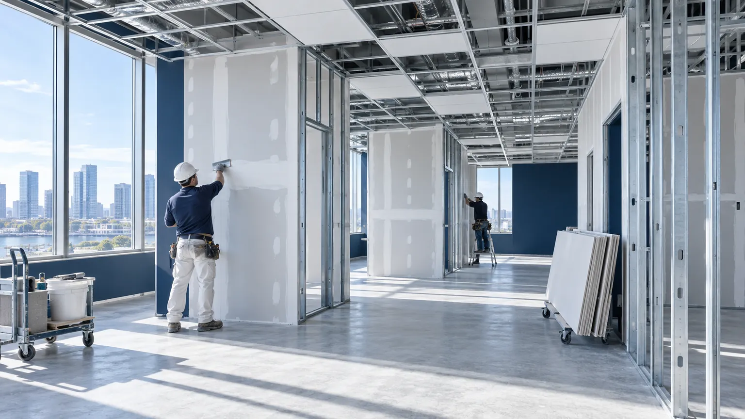 Metal stud framing and gypsum board on a commercial interior