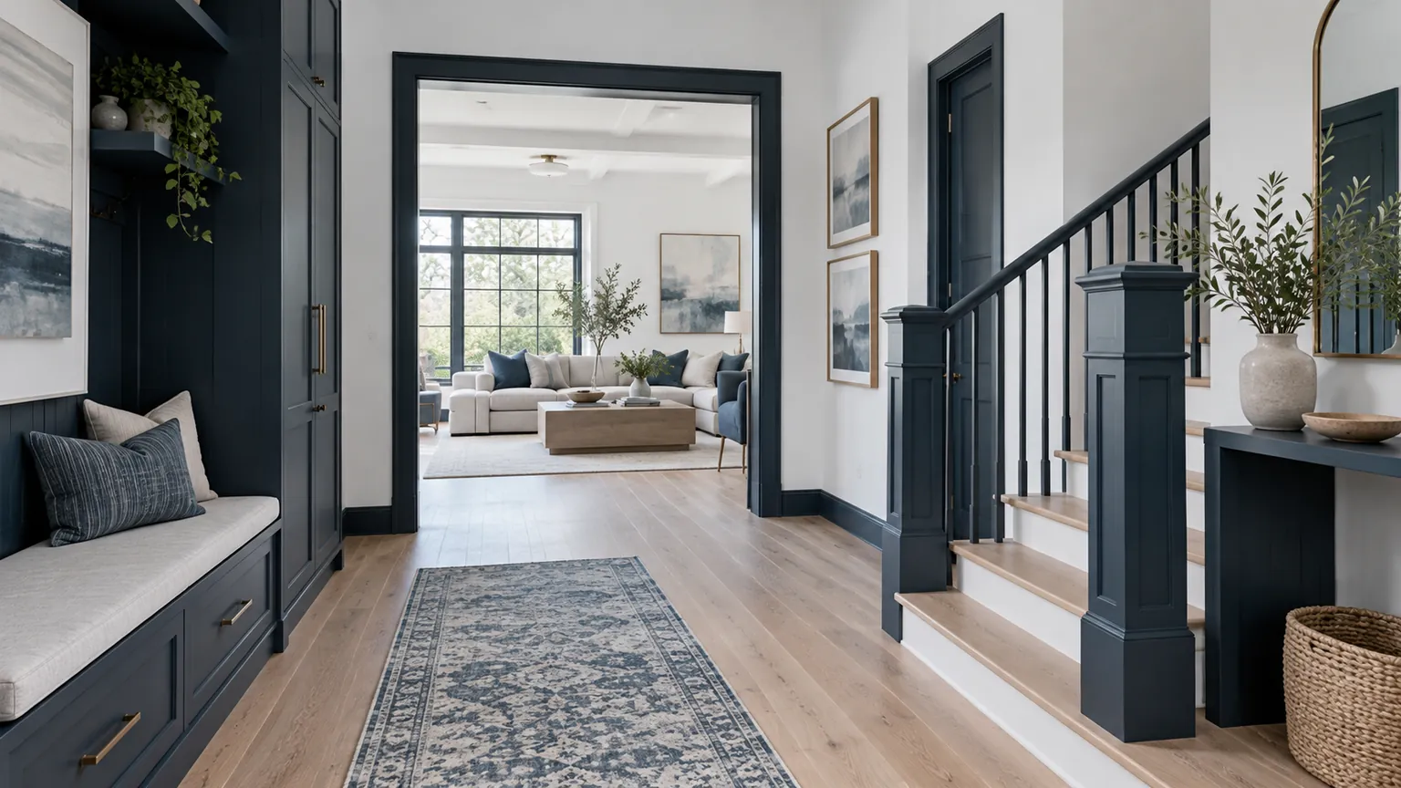 Interior finishing detail with millwork and navy trim