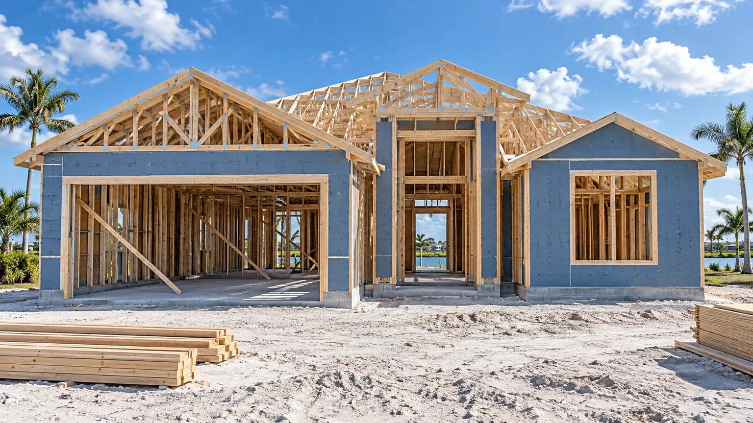 New single-family house framing under a bright sky