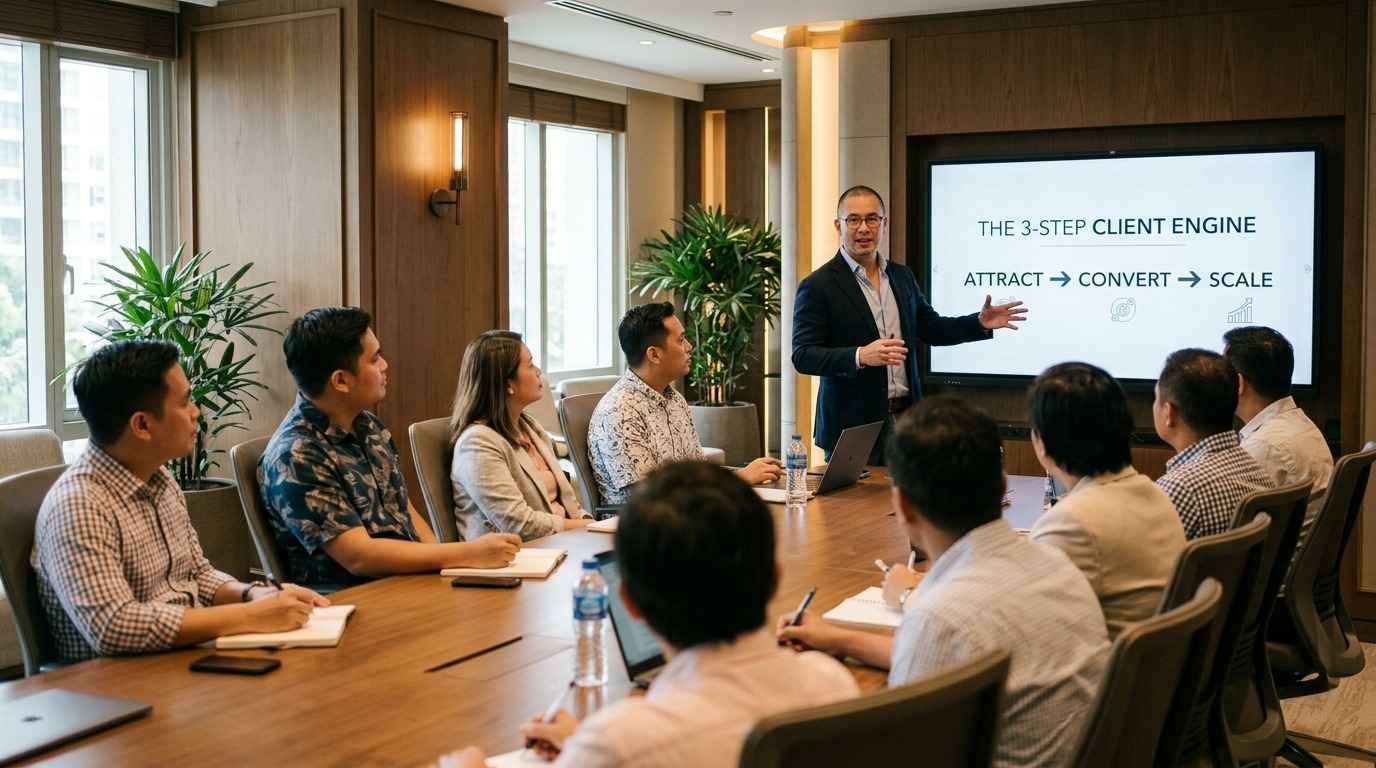 Business coach presenting a growth strategy to service-business owners