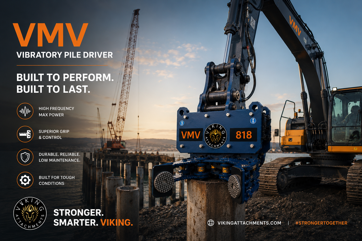 VMV 818 vibratory pile driver promotional visual for marine pile driving
