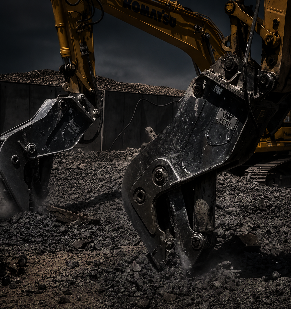 Excavator-mounted processing attachment working in heavy demolition material