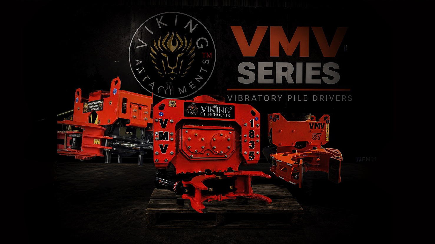 Viking Attachments™ VMV Series hydraulic vibratory pile drivers staged for product information requests