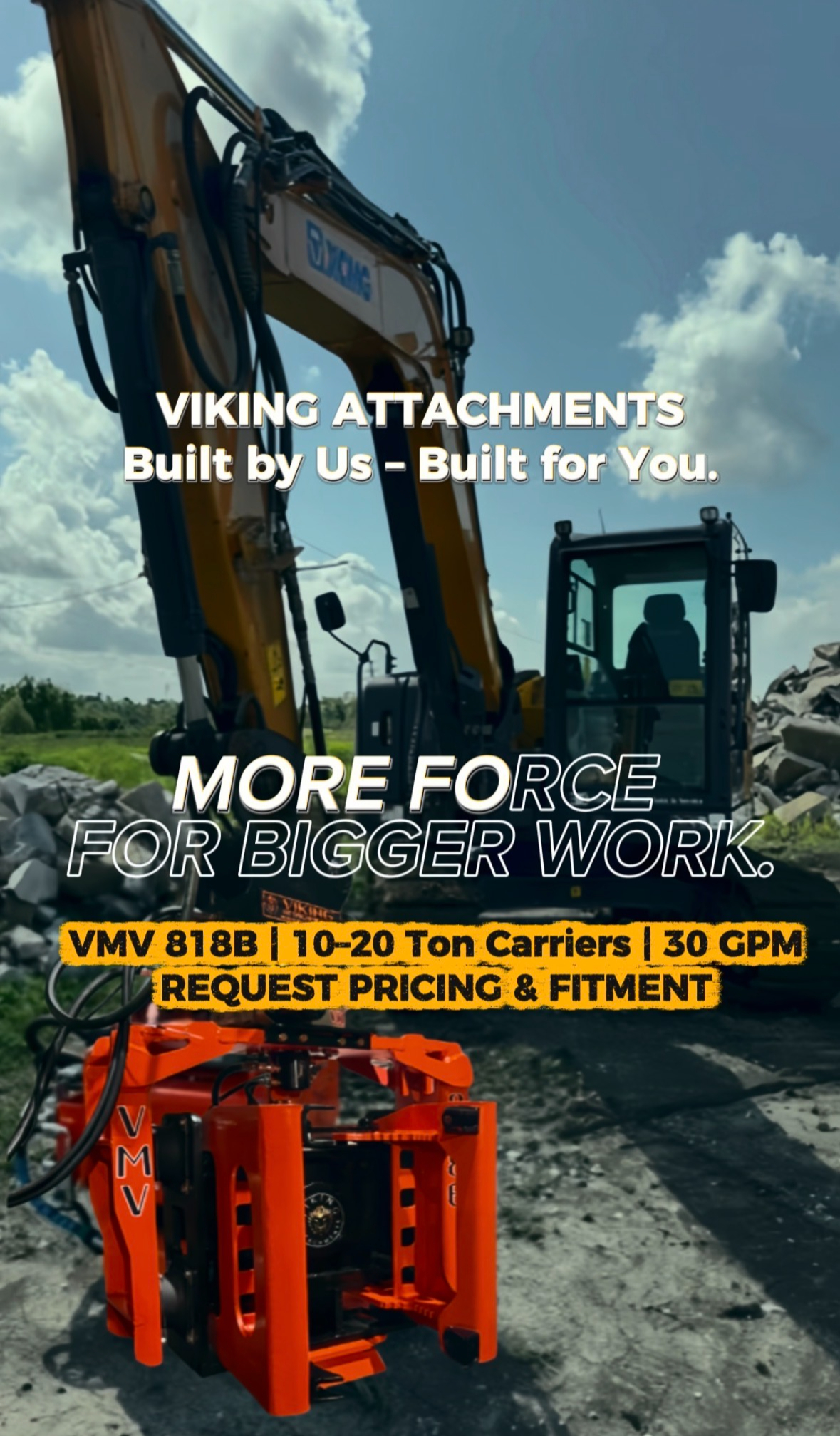 VMV 818 pile driver attachment mounted on excavator